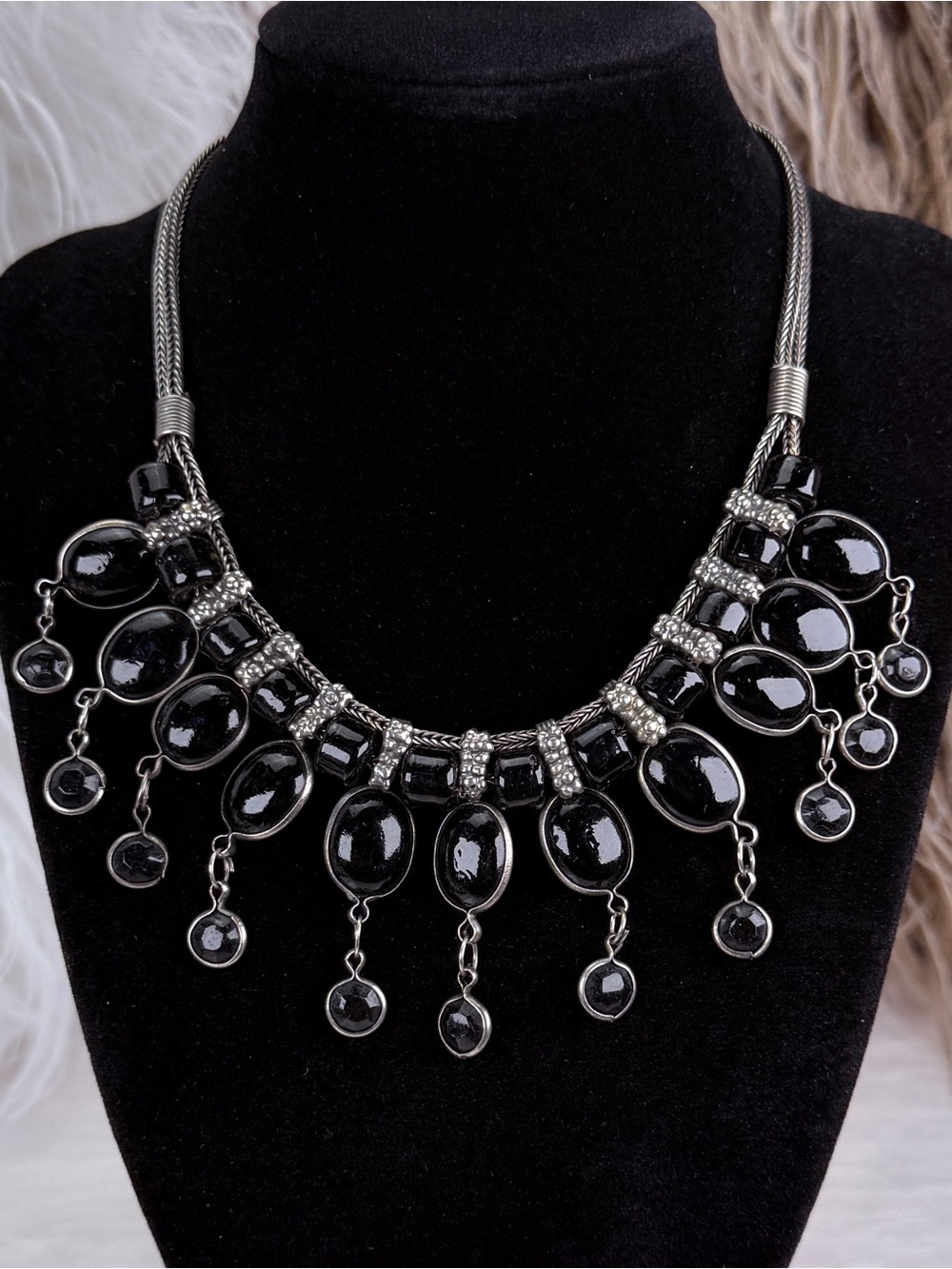 Black Statement Bib Necklace Gunmetal Multi Strand Beaded Fringe Adjustable